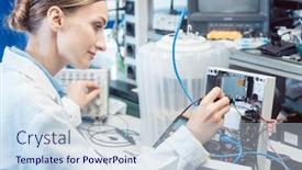  Presentation with test engineer - Cool new PPT theme with engineer-woman-measuring-electronic-product backdrop and a sky blue colored foreground