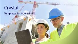  Presentation with industrial engineering silhouette construction - Slide deck enhanced with engineer working on building site background and a sky blue colored foreground