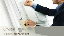 Presentation with blueprint - Beautiful presentation theme featuring engineer working with blueprint on panel board indoors backdrop and a sky blue colored foreground