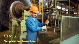  Presentation with turbine - Colorful presentation design enhanced with engineer-works-with-turbine-detail backdrop and a tawny brown colored foreground