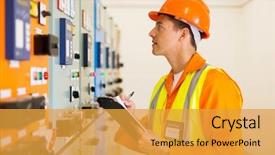  Presentation with power plant - Theme enhanced with engineer writing results of measurements background and a gold colored foreground