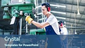  Presentation with factory machine - Presentation design having engineering - asian worker in production plant background and a ocean colored foreground