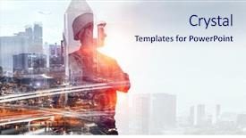  Presentation with builder - Amazing PPT layouts having engineering - builder man against cityscape backdrop and a sky blue colored foreground