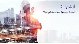  Presentation with builder - Beautiful PPT layouts featuring engineering - builder man against cityscape backdrop and a sky blue colored foreground