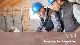  Presentation with buildings engineering construction engineers - Theme with engineering - construction engineers meeting on site background and a coral colored foreground