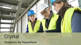  Presentation with philosophy construction people connect - Colorful presentation enhanced with engineering - construction site manager with young backdrop and a mint green colored foreground