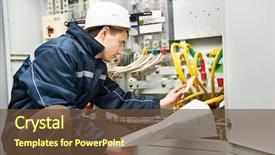  Presentation with high voltage - Colorful slides enhanced with engineering - electrician builder at work inspecting backdrop and a tawny brown colored foreground