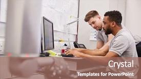  Presentation with factory machine - Cool new slide set with engineering - male engineers use cmm coordinate backdrop and a coral colored foreground