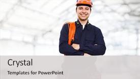  Presentation with engineering - PPT layouts with engineering - portrait of an happy worker background and a light gray colored foreground