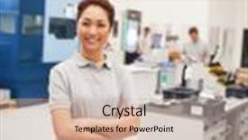  Presentation with factory - Presentation enhanced with portrait of female engineer on factory floor of busy workshop background and a soft green colored foreground