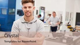  Presentation with factory - Colorful PPT theme enhanced with engineering - portrait of male engineer backdrop and a soft green colored foreground