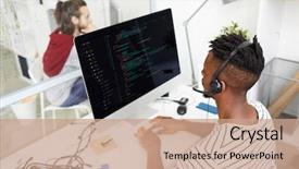  Presentation with working remotely - Slide set featuring engineering - serious busy african-american it engineer background and a coral colored foreground