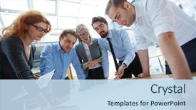  Presentation with team meeting - PPT theme featuring engineering - team of engineers discussing blueprint background and a sky blue colored foreground