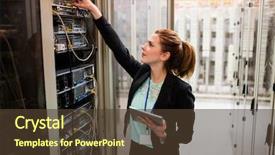  Presentation with server room - Slide deck having engineering - technician holding digital tablet while background and a tawny brown colored foreground