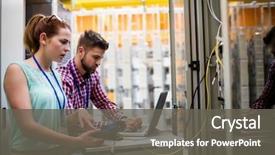  Presentation with server room - PPT theme with engineering - technicians using laptop while analyzing background and a gray colored foreground