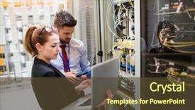  Presentation with server room - Presentation design consisting of engineering - technicians using laptop while analyzing background and a tawny brown colored foreground