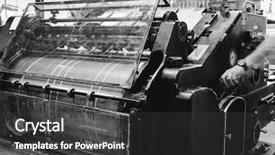  Presentation with factory machine - Audience pleasing presentation design consisting of engineering books - printer lithography cylinder machine backdrop and a dark gray colored foreground