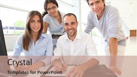  Presentation with elderly people exercise patient training - Presentation having engineering business - group of young people background and a coral colored foreground