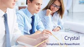  Presentation with team meeting - Presentation enhanced with engineering business - team of engineers discussing blueprint background and a sky blue colored foreground