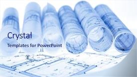  Presentation with architecture - Cool new PPT theme with rolls of architecture blueprints backdrop and a sky blue colored foreground