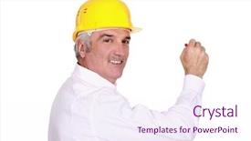  Presentation with narrative pen - Colorful presentation design enhanced with engineering drawing - grey haired architect with pen backdrop and a sky blue colored foreground