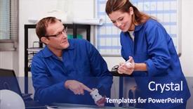  Presentation with apprentice - Slide deck having engineering drawing - plumber and female apprentice background and a navy blue colored foreground