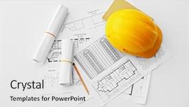  Presentation with engineering - Theme featuring engineering drawing - yellow helmet on the table background and a light gray colored foreground