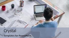  Presentation with engineering desk of civil engineer - Amazing slide deck having engineering drawing - young chineese engineer working backdrop and a light blue colored foreground