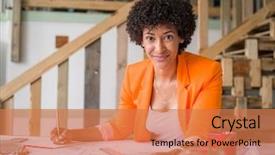  Presentation with engineering desk of civil engineer - Cool new slides with engineering drawing - young female engineer working backdrop and a coral colored foreground