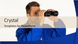  Presentation with craftsman - Beautiful PPT theme featuring engineering economic - craftsman with binoculars backdrop and a  colored foreground