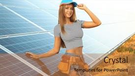  Presentation with solar panels - Beautiful presentation theme featuring engineering economy - beautiful young engineer near solar backdrop and a coral colored foreground