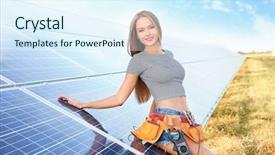  Presentation with electrical engineer solar portable - Presentation theme with engineering economy - beautiful young engineer near solar background and a sky blue colored foreground