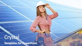  Presentation with solar panels - Theme featuring engineering economy - beautiful young engineer near solar background and a teal colored foreground