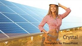  Presentation with solar panels - Presentation theme having engineering economy - beautiful young engineer on solar background and a gold colored foreground