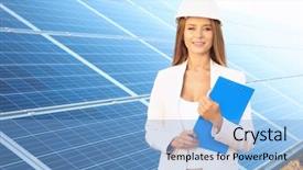  Presentation with solar panels - Presentation enhanced with engineering economy - beautiful young engineer with clipboard background and a light blue colored foreground