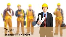  Presentation with industrial workers - Cool new PPT theme with engineering economy - engineer and group of industrial backdrop and a coral colored foreground