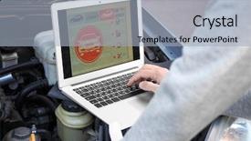  Presentation with electrical car - PPT theme featuring engineering electrical vehicle - young male mechanic using computer background and a light blue colored foreground