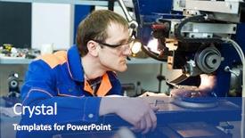  Presentation with personal protective equipment safety glasses - PPT theme with engineering equipments - worker in uniform and protective background and a ocean colored foreground