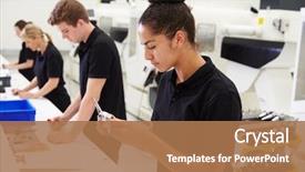  Presentation with factory workers - Beautiful PPT layouts featuring engineering factory checking component quality backdrop and a coral colored foreground