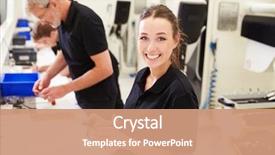  Presentation with factory workers - Slide set consisting of engineering factory checking component quality background and a coral colored foreground