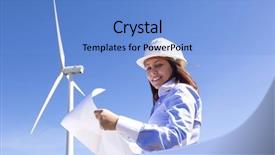  Presentation with engineering engineer or safety officer - Presentation design featuring engineering generators - female engineer holding a blueprints background and a light blue colored foreground