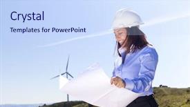  Presentation with engineering - Slide deck featuring engineering generators - female engineer holding a blueprints background and a sky blue colored foreground