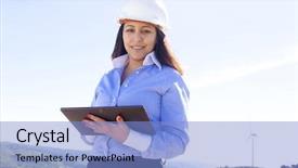  Presentation with engineering engineer or safety officer - PPT theme having engineering generators - female engineer working background and a light blue colored foreground