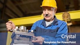  Presentation with industrial machine - Slide deck featuring engineering generators - senior man in hardhat background and a ocean colored foreground