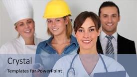  Presentation with group - PPT layouts consisting of engineering groups - group of workers on white background and a light blue colored foreground