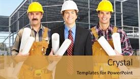  Presentation with industrial workers - Beautiful PPT theme featuring engineering groups - industrial workers with yellow helmet backdrop and a  colored foreground