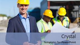  Presentation with construction - Presentation design consisting of engineering groups - smiling caucasian construction supervisor background and a light blue colored foreground