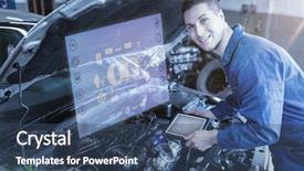  Presentation with mechanic tablet - Colorful presentation theme enhanced with engineering interface against auto mechanic backdrop and a ocean colored foreground