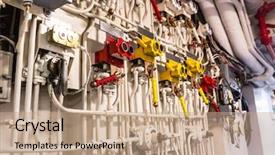  Presentation with aircraft - PPT theme featuring engineering interior of aircraft carrier background and a coral colored foreground