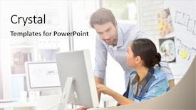  Presentation with desktop - Slide set consisting of engineering intern - business people working in office background and a white colored foreground